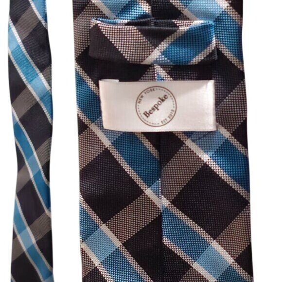 Men's Plaid Tie Blue Black Gray Diagonal Striped Skinny Neck Accessory - Picture 2 of 7